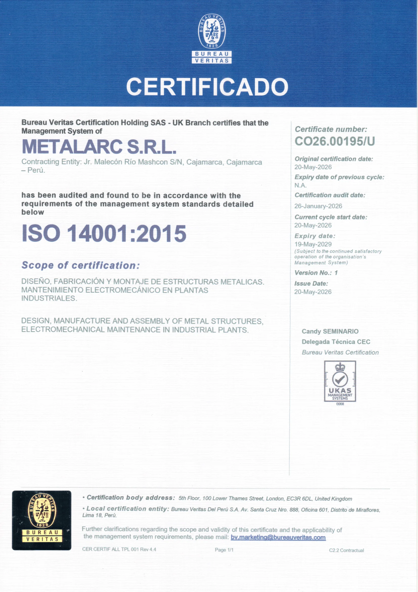 Certificado METALARC ISO 14001:2015