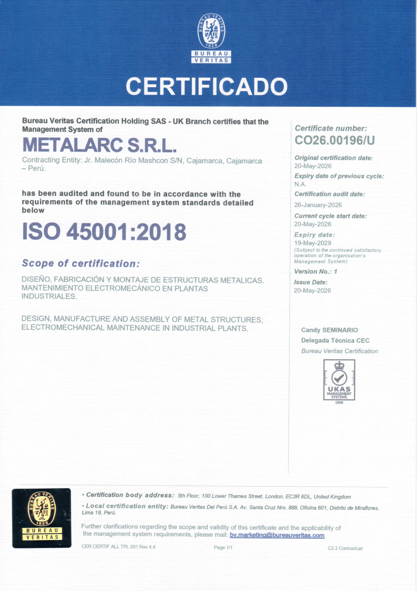 Certificado METALARC ISO 45001:2018