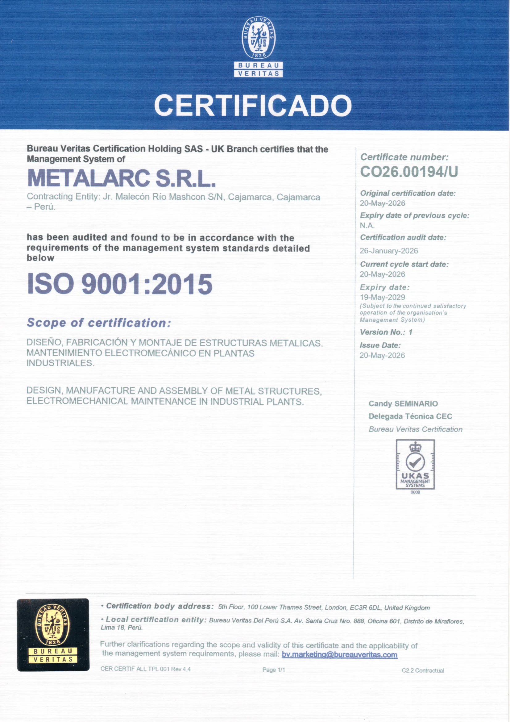 Certificado METALARC ISO 9001:2015